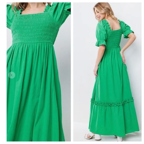 Boho Beautiful Linen Cotton Solid Smoking Detail Long Dress - Picture 4 of 5